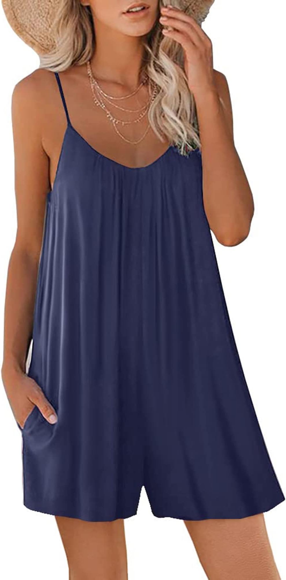 Felcia Women's Summer Casual Jumpsuit Sleeveless Spaghetti Strap Loose One Piece Romper Shorts for Ladies