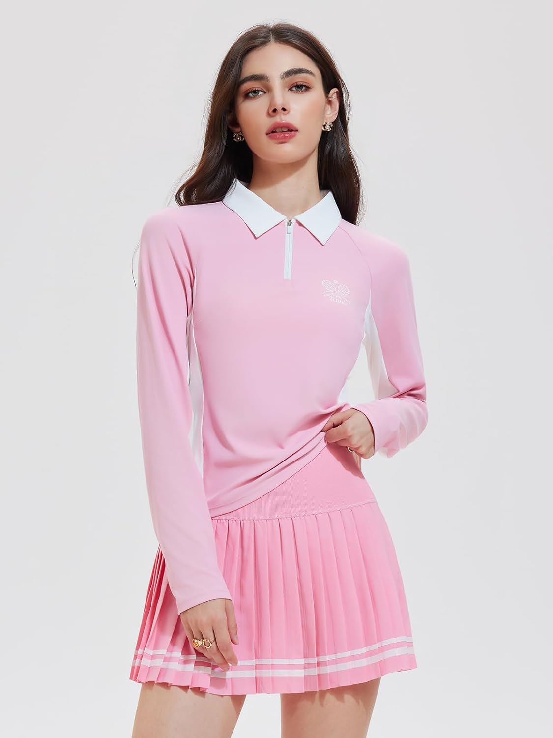 Women's 2 Piece Tennis Skirt Set Long Sleeve Golf Outfit - Half Zip Sweater & Pleated Skort - Winter Active Wear Clothing - Image 2