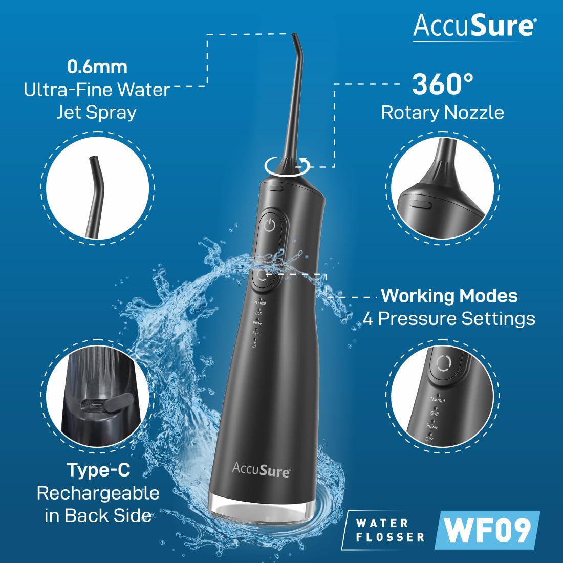 AccuSure WF09 Smart Water Flosser | 280ml Tank, Portable & Rechargeable, IPX7 Waterproof | 4 Modes with Adjustable Water Pressure | Oral Flossing for Home & Travel | 1-Year Warranty (Black) 4