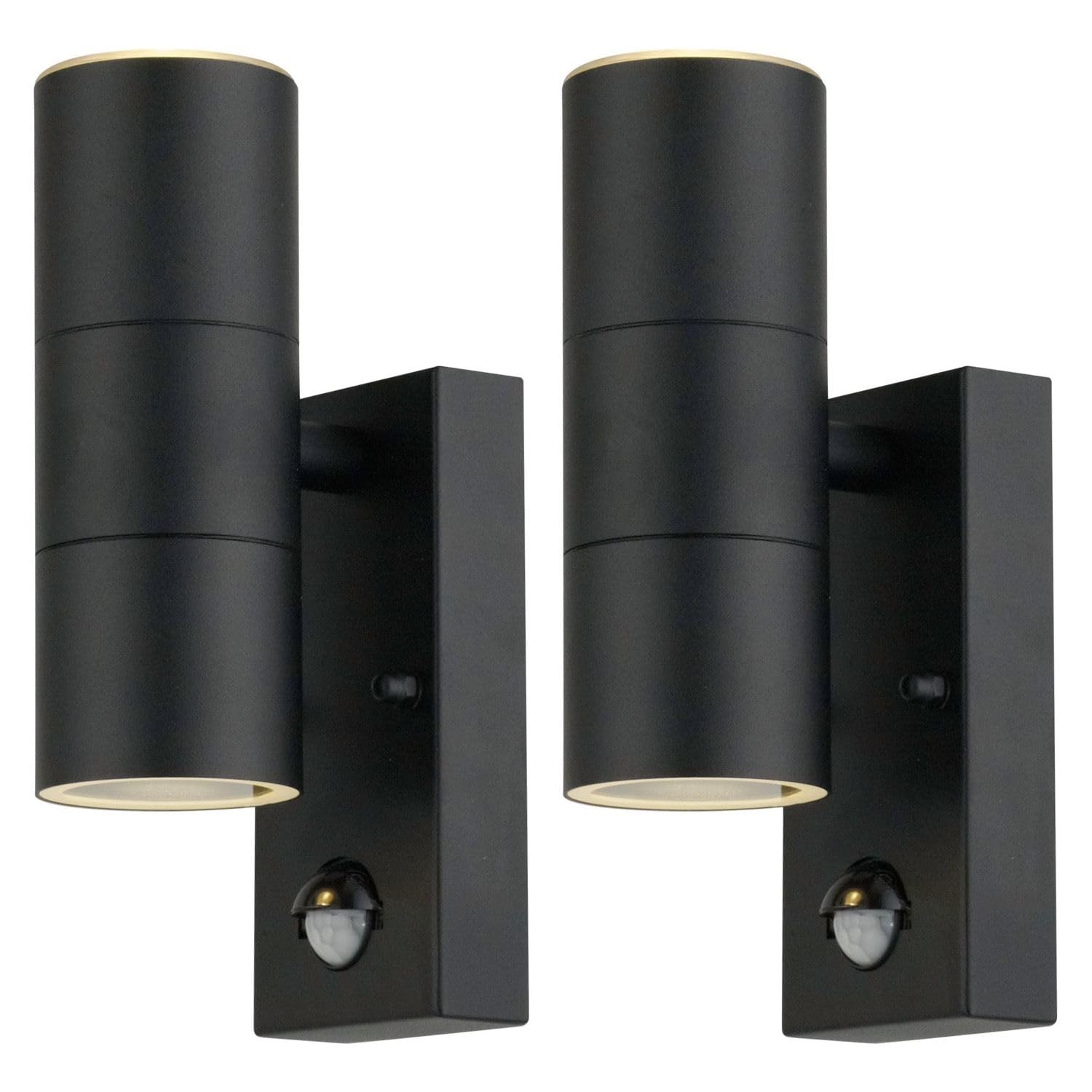 Firstchoicelighting Black & Clear Set Of 2 Black Outdoor Security Lights Up Down Twin Outdoor Wall Lights Pir Motion Sensor Ip44 Wall Light Led Compatible