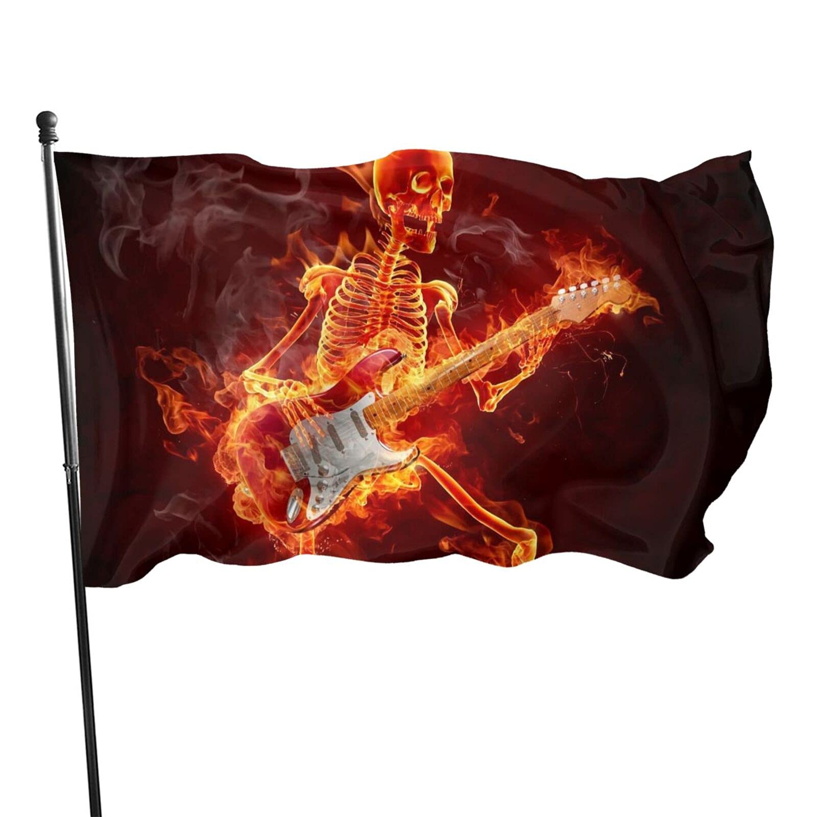 Fire Guitar Music Rock skull Flag Polyester with 2 Brass Grommets Banner Vivid Color and Fade Proof Yard Flag Outdoor Yard Decoration 3x5 Ft
