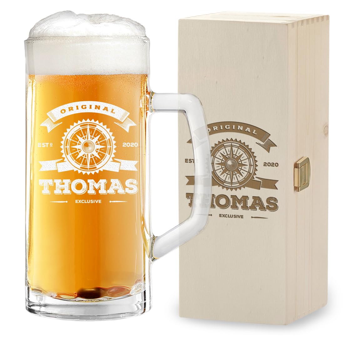 2-tlg Bier-Set 1x Bierkrug 0,5 L aus Glas und 1x Holzkiste mit Gravur - Geschenke für Männer - ideal zum Geburtstag und Jubiläum - 500 ml Bierseidel mit Füllstrich - perfekt für Papa und Opa