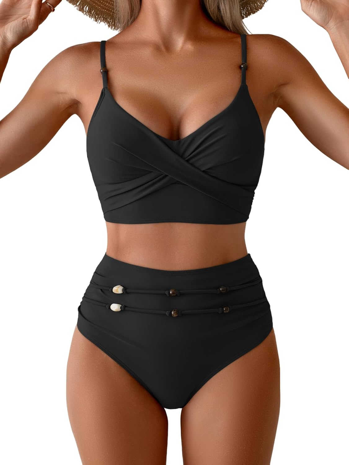Women's Crisscross Front Bikini Sets Two Piece High Waisted Tummy Control Swimsuits Vintage Beads Bathing Suit
