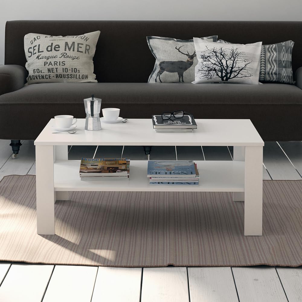 Vicco Tavolino da salotto, Bianco, 100 x 60 cm, con vano aperto per la conservazione di riviste