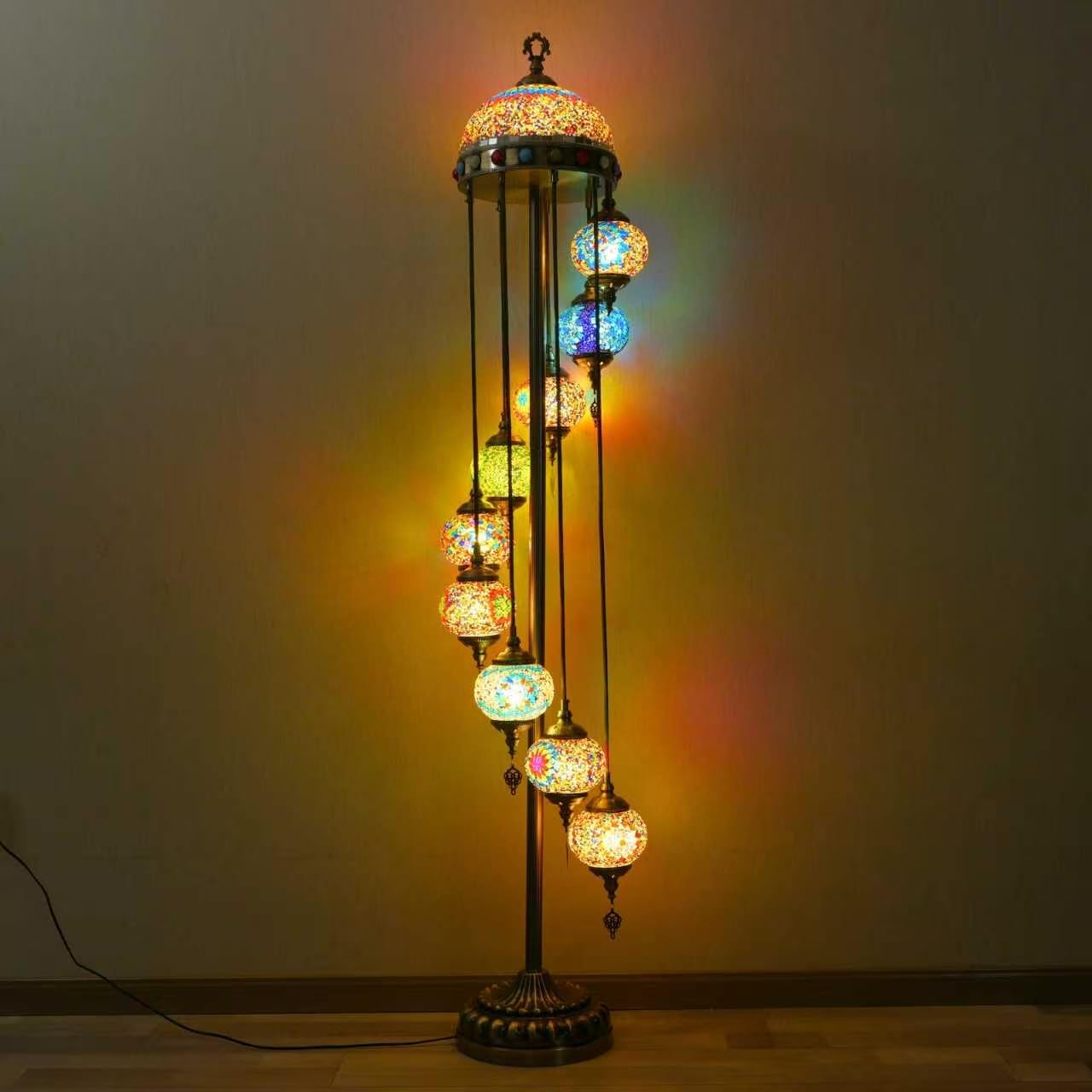 Turkish Mosaic Floor Lamp 77" with 9 Lights, Moroccan Standing Lamp Includes Bulbs & Gemstones, Handmade Stained Glass Lamp for Living Room, Bedroom Decor