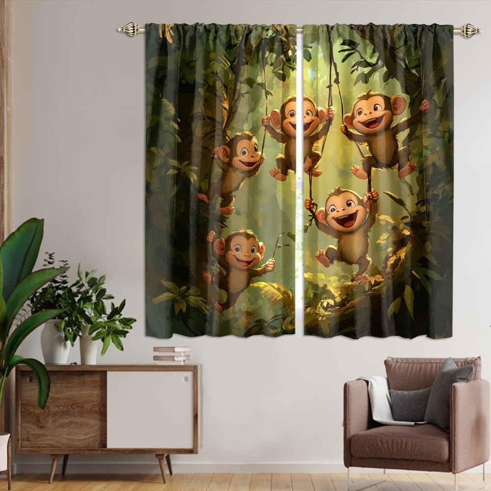 Abstract Watercolor Animal Monkey Blackout Curtains Rustic Anime Cartoon Forest Wildlife Monkey Soft Blackout Curtains for Bedroom Living Room 2 Panels 63" L x 21" W