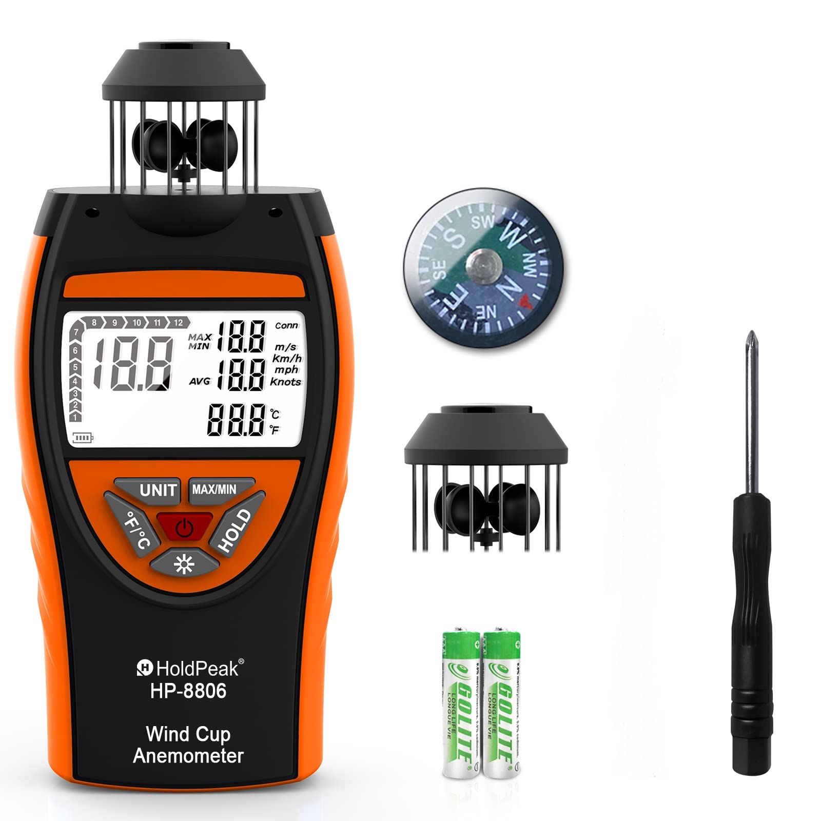 Anémomètre Numérique, HoldPeak 8806 Vitesse du Vent de Mètre 4 Cups Wind Speed Meter 0.7~42m/s Compteur de Vitesse du Vent et Température (℃/℉) avec Boussole, pour Tir, Pêche, Voile, Kitesurf