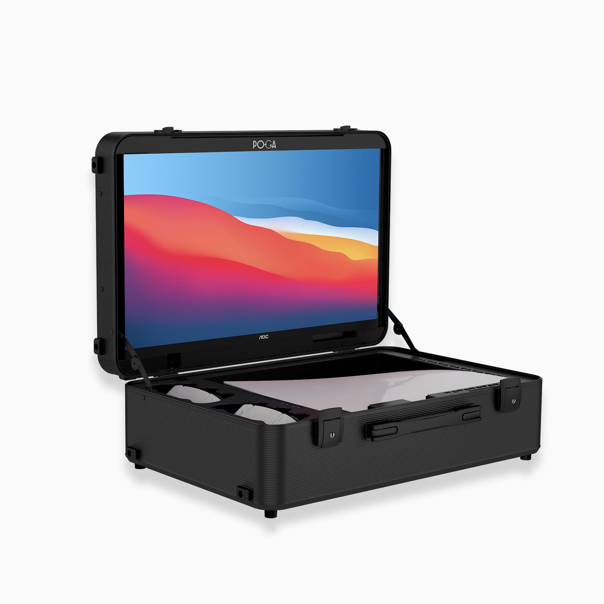 POGA Lux Black - Custodia da gioco (compatibile con PlayStation 5), valigia da viaggio con monitor da gioco AOC da 24'' e carrello - Nero