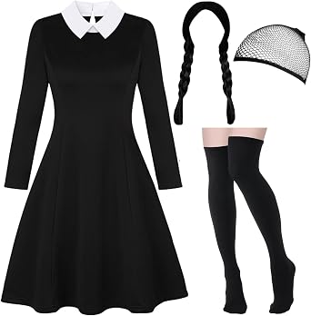Women Halloween Costumes Adult, Long Sleeve Peter Pan Collar Black Gothic Dress for Women, Halloween Costumes for Woman with Black Braided Wig, Wig Cap, Pair of Thigh High Socks, Large