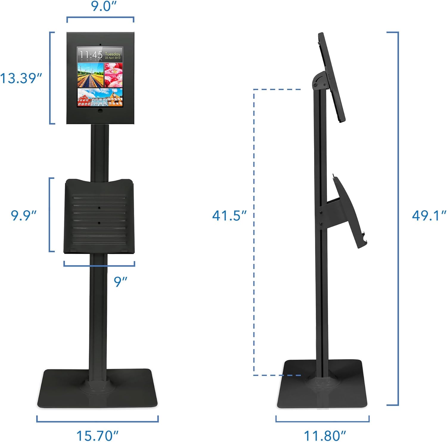 Mount-It! Anti-Theft iPad Tablet Floor Stand Kiosk with Literature Holder, Lockable Enclosure for iPad Gen 7–11, Pro & Air (A16), 90° Rotation & 75° Tilt, Commercial Kiosk Stand, Bolt Down Base, Black