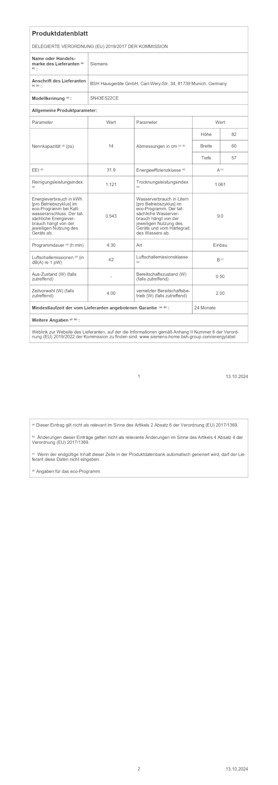 Siemens iQ300 SN43ES22CE Unterbau-Geschirrspüler 60 cm Edelstahl 14 Maßgedecke 42 dB Home Connect WLAN varioSpeed Plus autoOpen dry AquaStop Made in Germany
