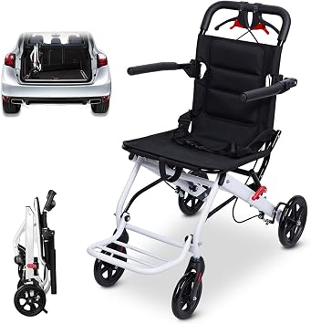 Wheelchairs for Adults, 18lb Ultra-Lightweight Transport Chair, Foldable Portable Travel Wheelchair with Adjustable Safety Strap, Narrow Folding Transfer Wheelchairs for Seniors White