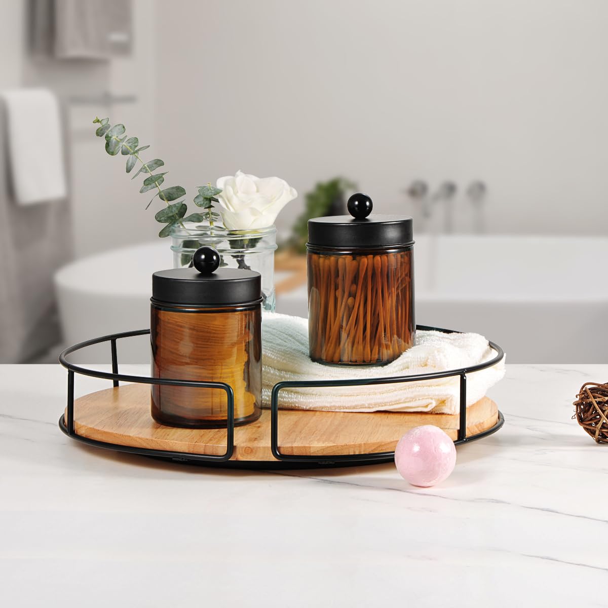 Amolliar Amber Glass Qtip Holder, Apothecary Jars with Matte Black Metal Lid & Stickers-Bathroom Qtip Dispenser Storage Organizer Set,Vanity Counter Canister for Cotton Swabs,Round Pads,Floss (2 Pack)