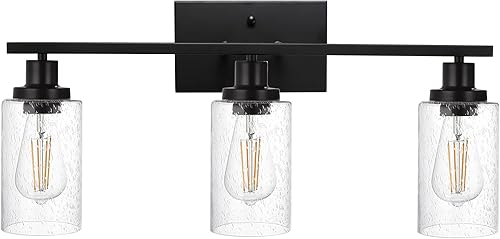 WINSHEN Lámparas de baño negras de 4 luces con pantalla de vidrio semillado, 31 pulgadas de longitud, luces de tocador de granja sobre espejo para