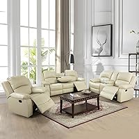 Vista 8 de Juego de sofá de 3 piezas de cuero sintético, azul, reclinación manual, sofá de dos plazas, almacenamiento, mesa de centro, cuero artificial, sala