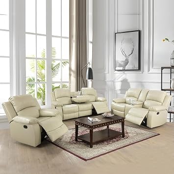 Bonded Leather Living Room Furniture Set Reclining Sofa Set Loveseat Furniture Sets in Living Room Sofa Recliners 3 Pieces, Beige