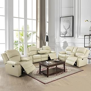 AYCP Bonded Leather Living Room Furniture Set Reclining Sofa Set Loveseat Furniture Sets in Living Room Sofa Recliners (3 Pieces, Beige)