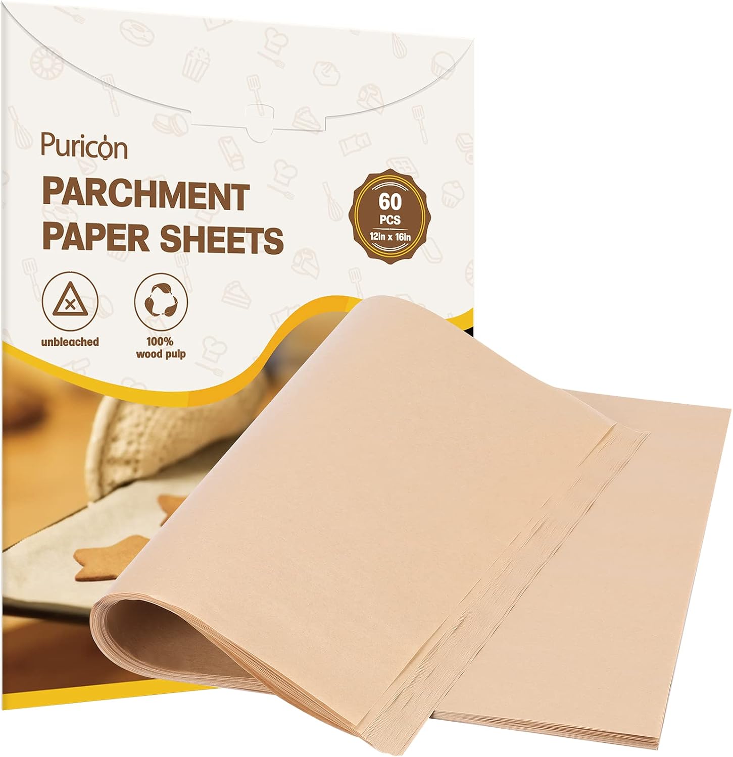 Puricon Precut Parchment Paper for Baking Cooking, 12" X 16" Parchment Paper Unbleached Cookie Baking Sheets Flat Nonstick Pan Liners -60 Sheets