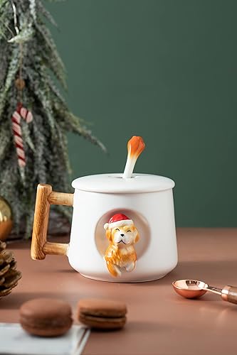 Miniatura 2 de DIHOclub Taza de café de cerámica con tapa y cuchara a juego, taza con patrón 3D Golden Retriever para té, leche y chocolate, bonita taza para los