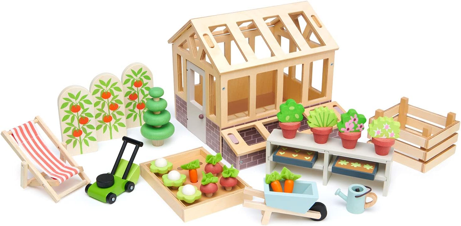 Tender Leaf Toys - Greenhouse Garden Set - 28 Pcs Natural Gardening Miniature Pretend Play Set, Wooden Harvest Farm Toys - Inspires Endless Imaginative Play - Age 3+