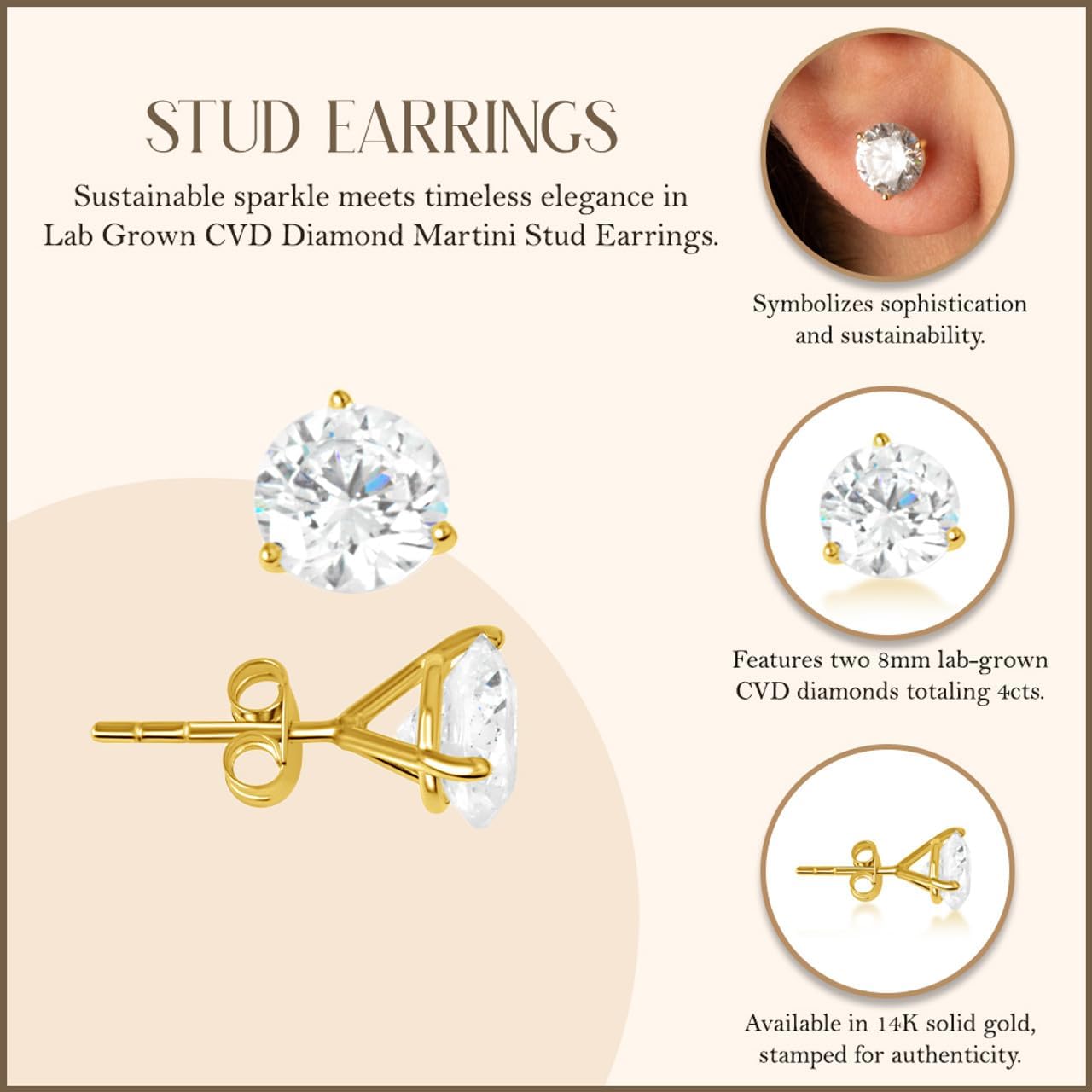 Claddagh Gold 14K Yellow Gold Lab Grown Diamond Martini Stud Earrings 4 Ct
