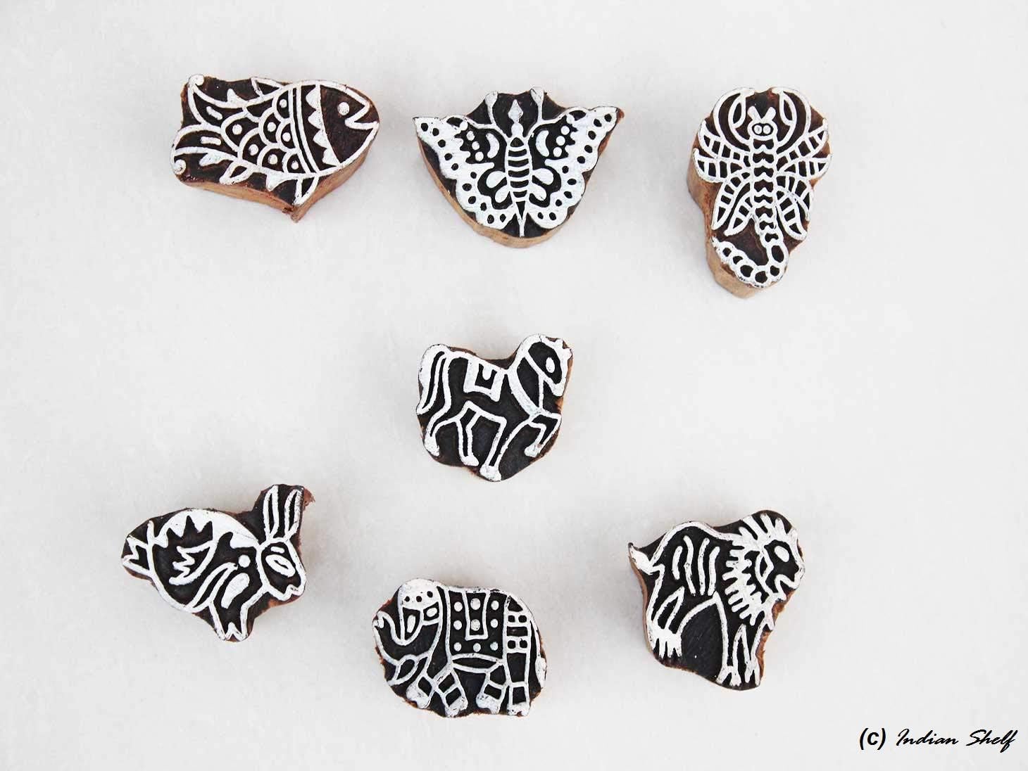 Indian Shelf Vocalforlocal Handmade Brown Set of 7 New Wooden Printing Block