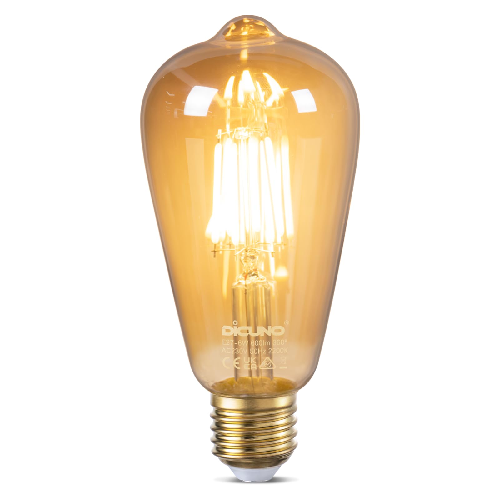 DiCUNO Edison Vintage Glühbirne E27, ST64 Filamente LED Lampe 6W, Warmweiß 2200K, 600LM, Antike, Dekorative Beleuchtung, Nostalgie und Retro Birne für Haus, Café, Bar, nicht dimmbar, 1er Pack