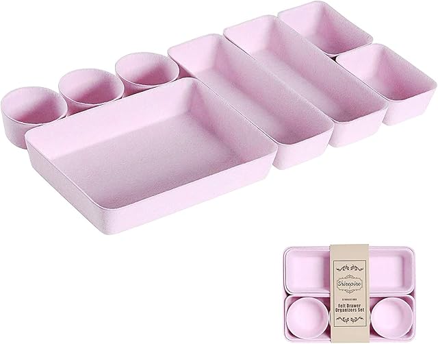 Desk Drawer Organizer Trays, Foldable Felt Drawer Organizers Set, Versatile Cosmetic Makeup Drawer Dividers, Washable Storage Bins Trays for Office Dresser Pink