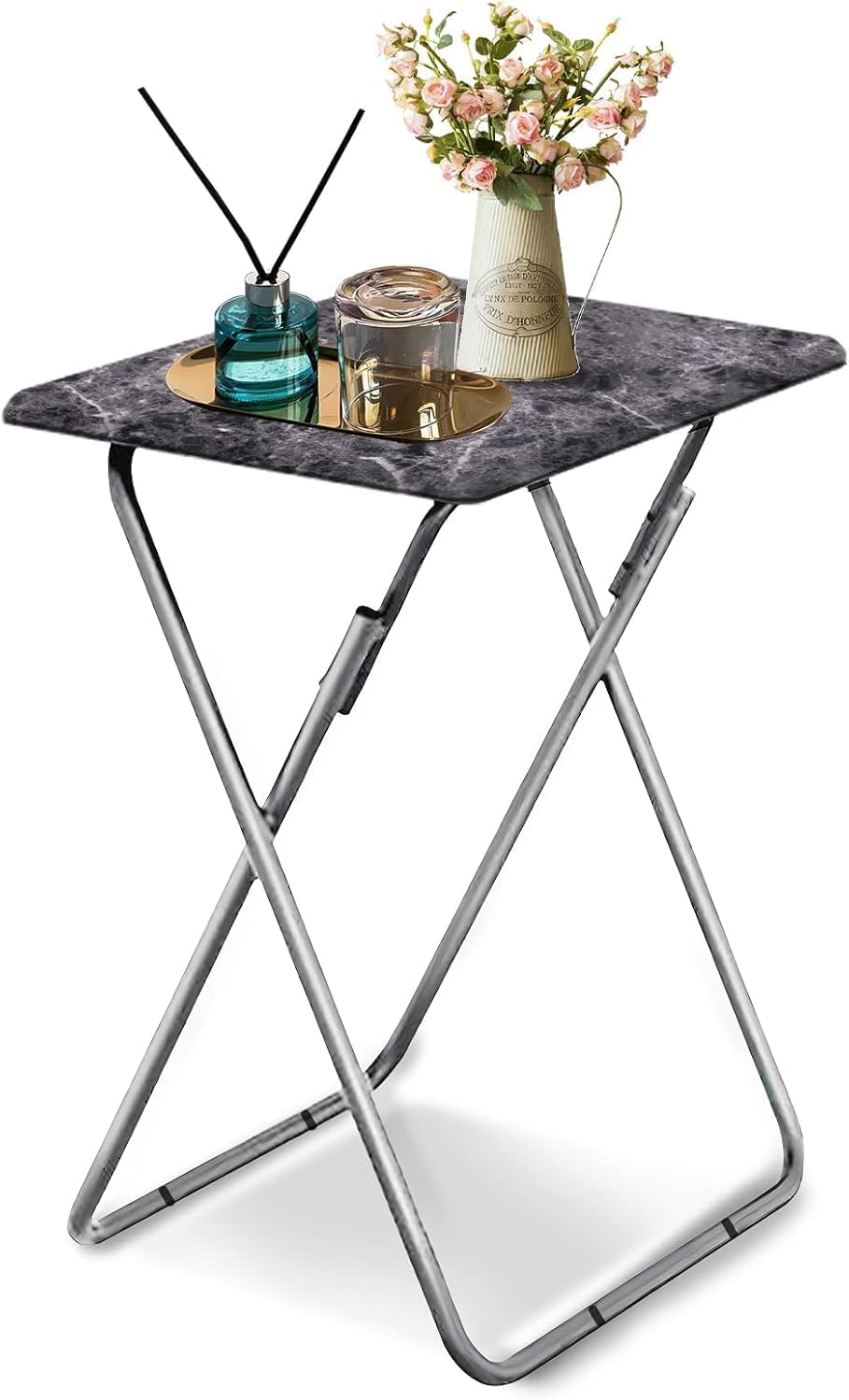 Tv Trays Folding Tv Table, Dinner Table for Eating with Sturdy Metal Frame, Small Foldable Snack Trays Table for Living Room, Couch,Sofa, Bed, No Assembly Required (Black Marble)