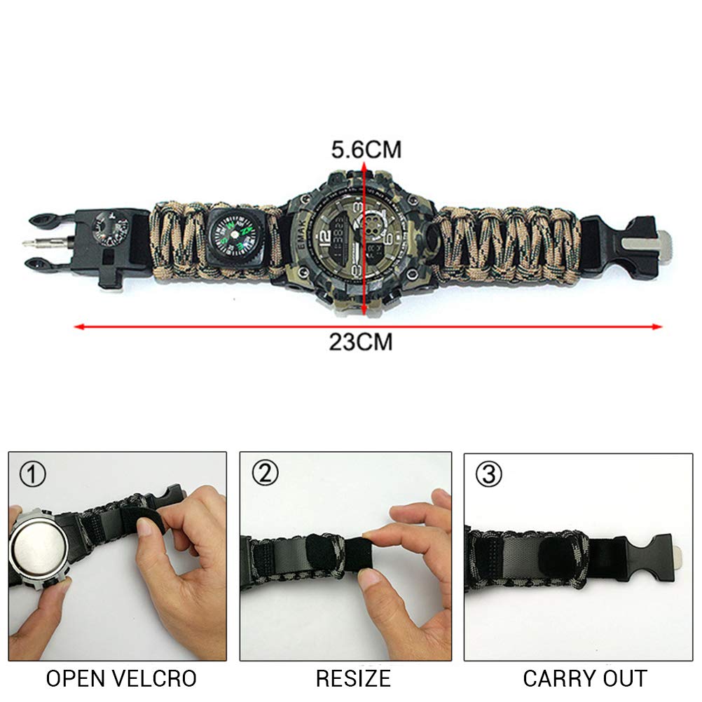 Reloj digital militar de supervivencia, reloj de supervivencia para exteriores, pulsera multifuncional, brújula, silbato, pulsera de paracord, equipo, kit de herramientas