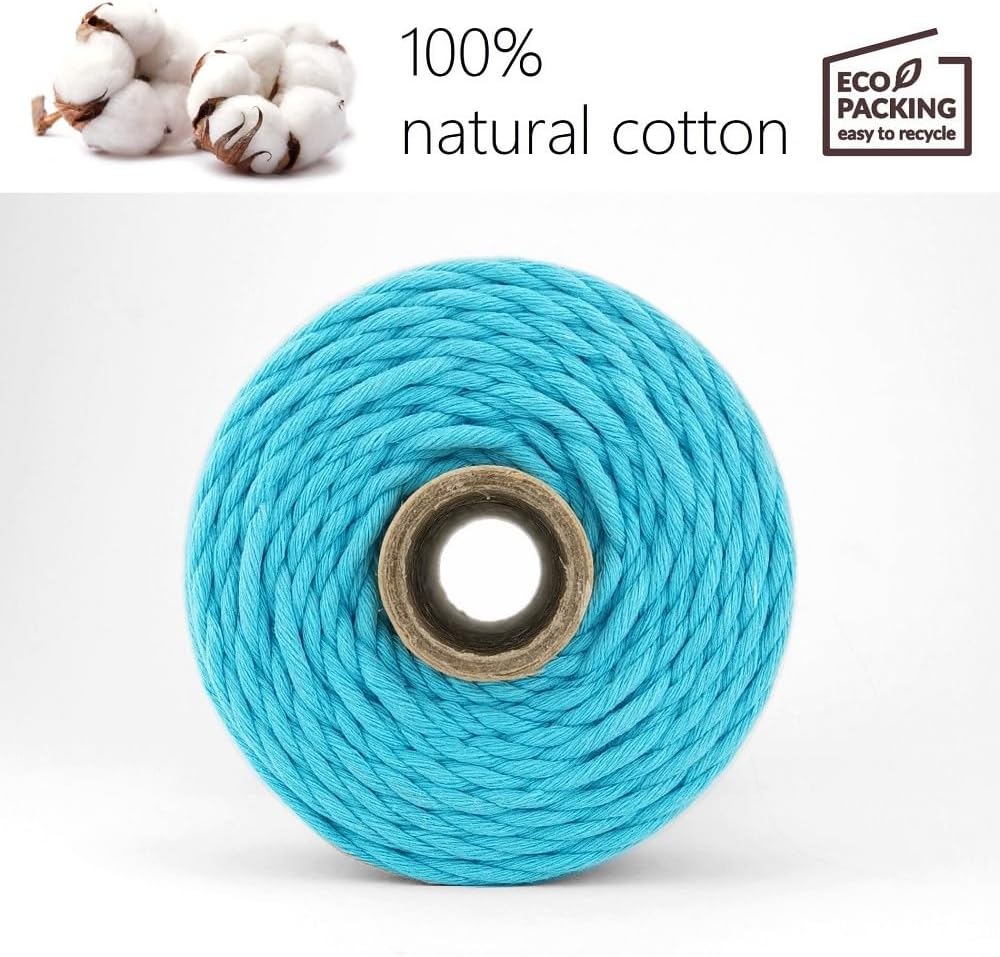 LEVIATAN - Natural Macrame Yarn | 200 m | Super Soft Cord | 3 mm Easy Twist | 100% Cotton | Perfect for Crafts | Sky Blue