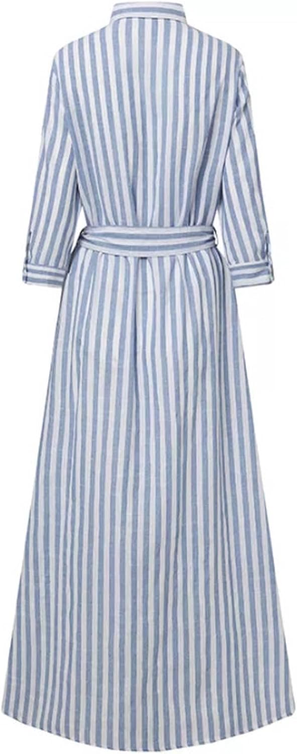 SOMTHRON Women's Summer Striped Shirt Dress 3/4 Sleeve Button Down Lapel Cotton Linen Maxi Dress with Belt - Image 5