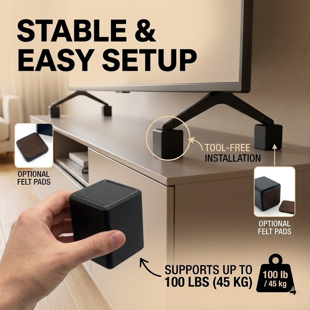 2 Inch Square TV Stand Risers Set of 4 Compatible with TV Riser Buddy, Heavy Duty TV Leg Extenders Supports 100 lbs, Raises TV Height for Soundbar, Game Console & Media Devices