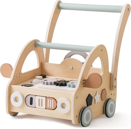 IEATFO Baby Push Walker, Wooden Baby Walker Push Toy for Baby Boy and Girls with Car Shape, Stand Up Push Walker for Baby Learning to Walk, Toddler Multiple Activities Center for Christmas Gifts