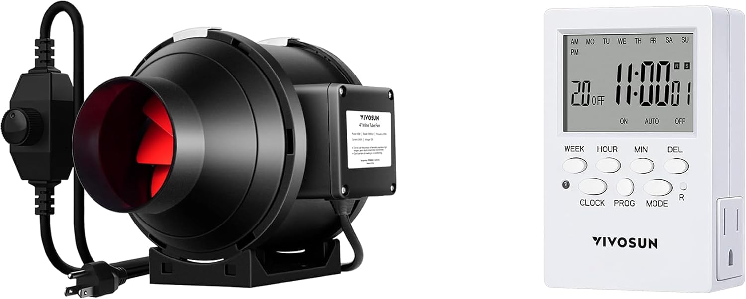 VIVOSUN R4 4 Inch 190 CFM Inline Duct Ventilation Fan and 7 Day Programmable Digital Timer with Dual Outlet, 20 On/Off UL Listed Heavy Duty Plug-in Outlet Timer with Countdown Setting