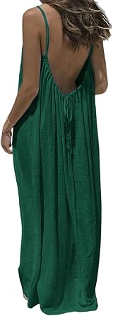 Womens Summer Maxi Dress, Backless Spaghetti Strap Beach Dress, Loose Fit Holiday Dress with Adjustable Tie