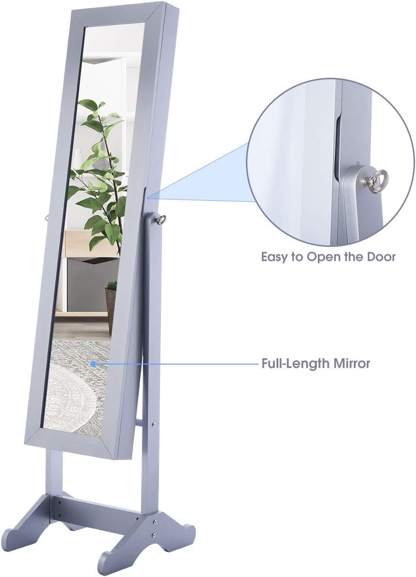 GOFLAME Jewelry Cabinet, 57” Tall Jewelry Organizer with Full Length Mirror Door, Mirror Cabinet for Jewelries, Freestanding Jewelry Organizer with Large Storage Capacity, Silver