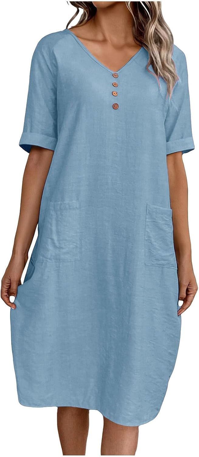 Womens Summer Casual Dress V Neck Short Sleeve Button Loose Fit Midi Sundress with Pocket Solid Color Fashion Dress