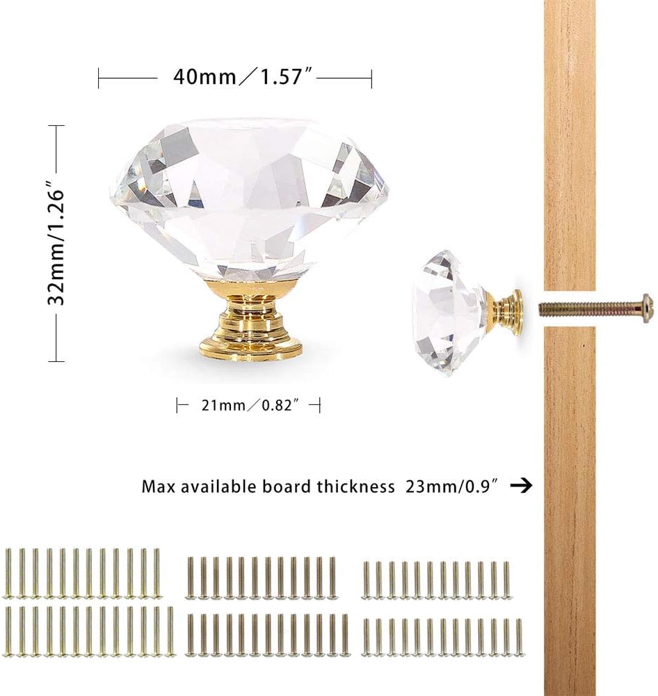 CZC HOME 25 PCS Metal Handle with Glass Rhinestones, Cabinet Knobs Cupboard Drawers Cabinet Dresser Bookcase Wardrobe (40mm, Gold)