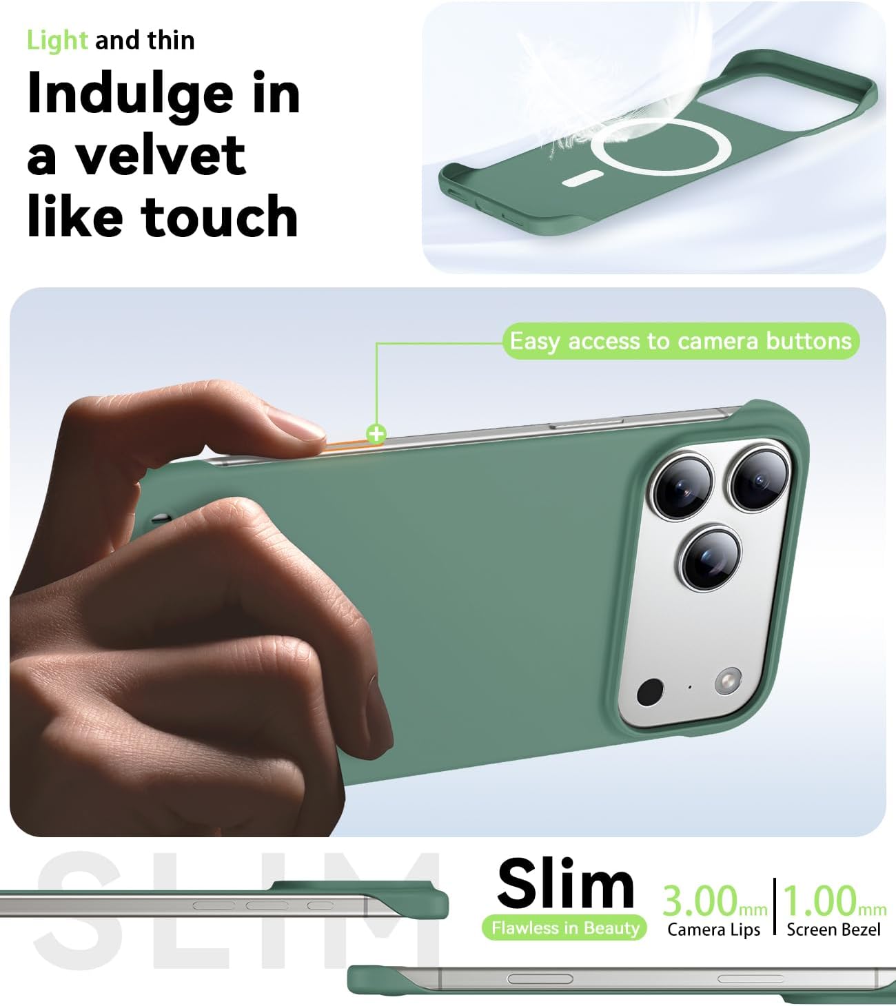 Magnetic Slim Case Fit for iPhone 17 Pro Max Phone Case 6.9"(2025) Ultra-Thin Lightweight Durable Frameless Matte Hard for MagSafe Cover Case with Pull Ring Shockproof Non Slip Rope-Dark Green - Image 4