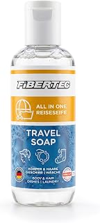 FIBERTEC Travel Soap 250ml - All-in-1 Reise-Seife flüssig, Körperpflege, Waschmittel & Geschirrspülmittel in einer Universal-Lösung, Made in Germany