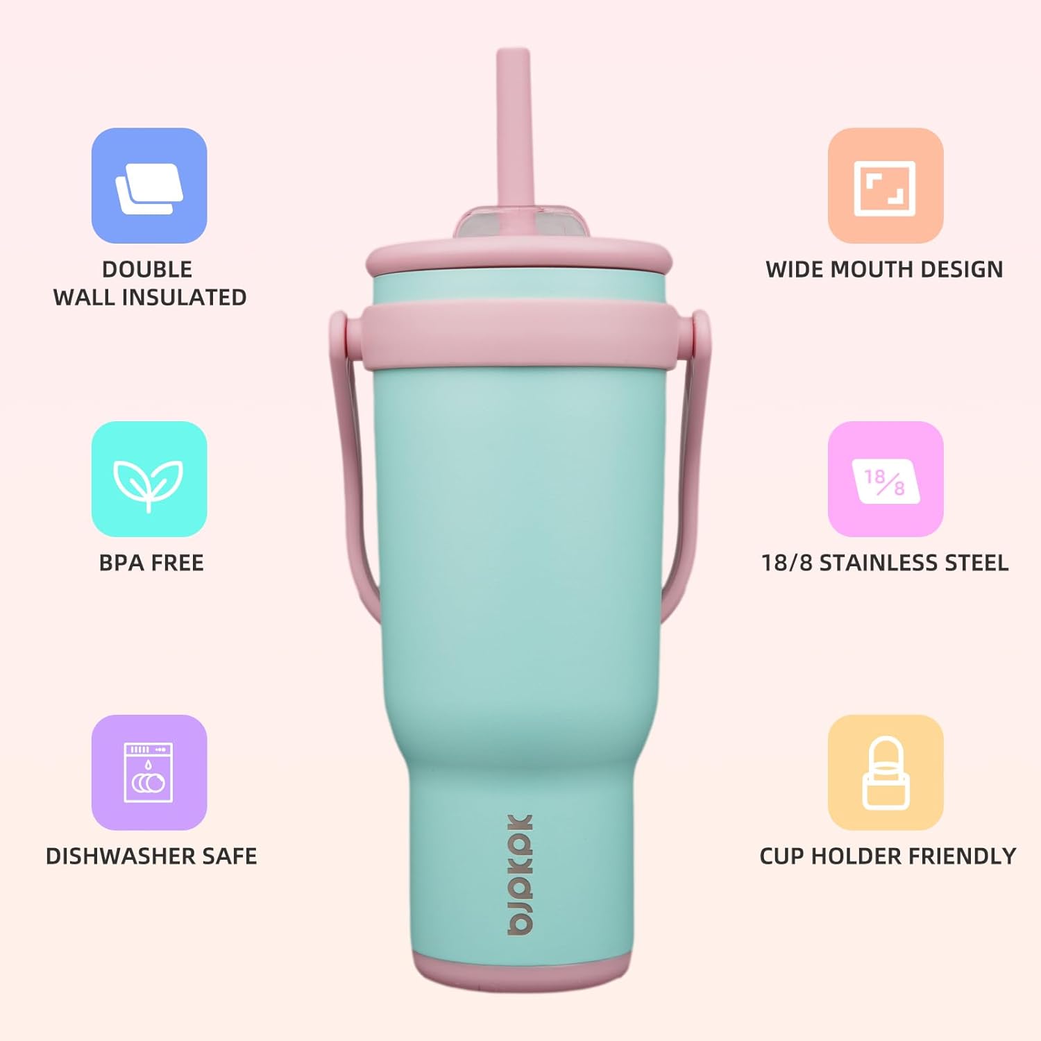 BJPKPK 40 OZ Insulated Travel Tumbler with Handle and Straw, Stainless Steel Water Bottle, Double Wall Vacuum Insulated Mug, for Work, Car, Travel, Guava - Image 2