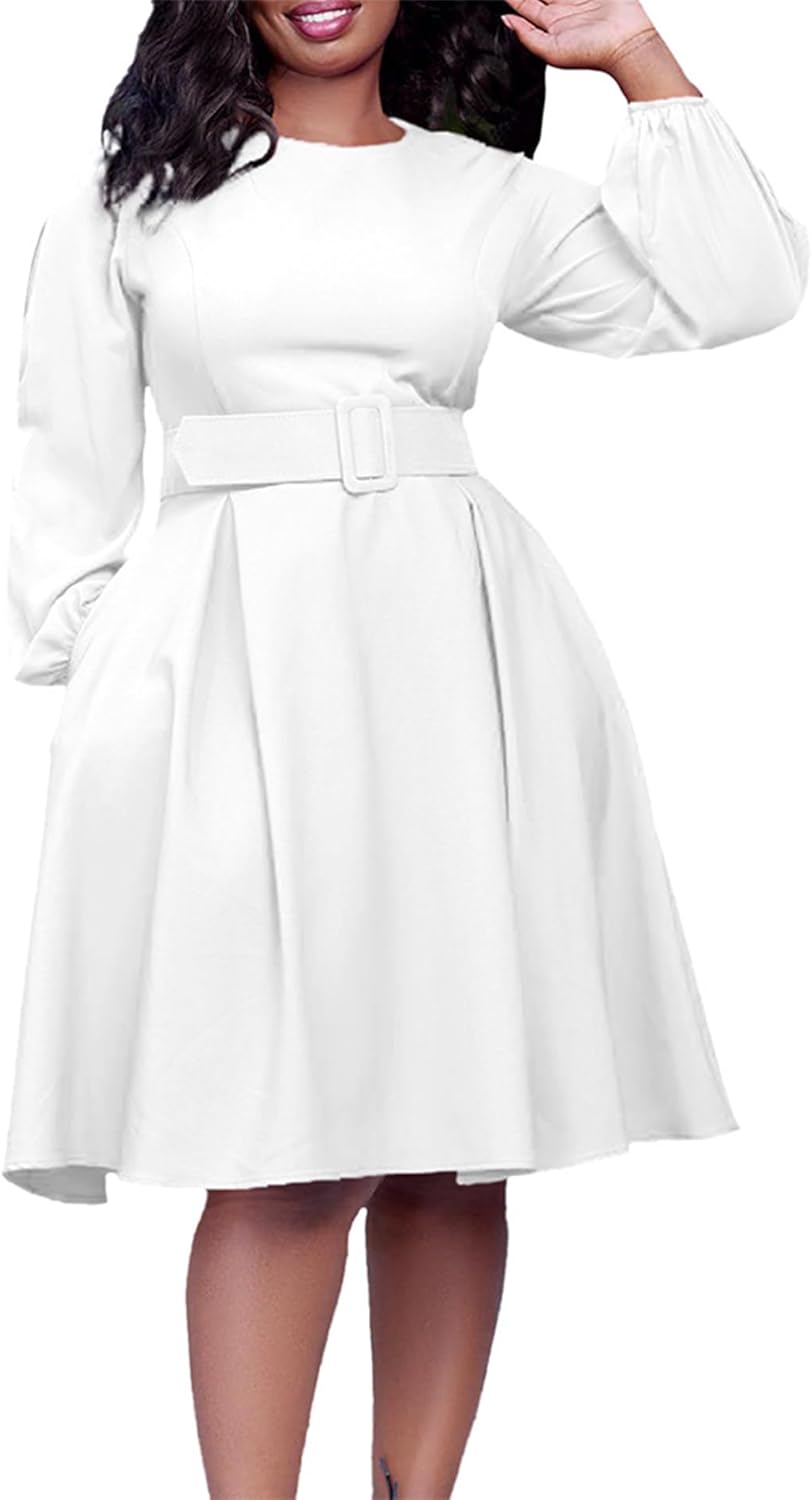 SEMATOMALA Women's A Line Swing Party Midi Dress Long Sleeve Belted Office Lady Business Pleated Flowy Dresses