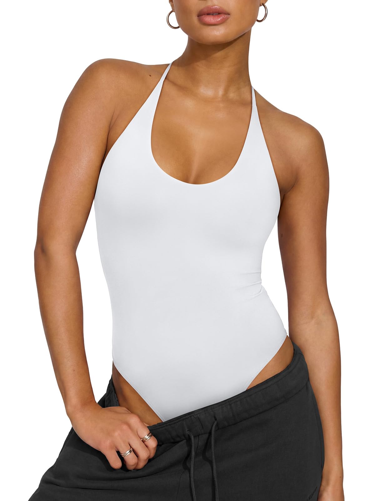 Photo 1 of REORIA Sexy Halter Backless Tie Back Bodysuits for Women Deep Scoop Neck Thong Bodysuit Cami Tank Top Double Lined Body Suits Leotard Going Out Tops 2026 Summer Brilliant White X-Small