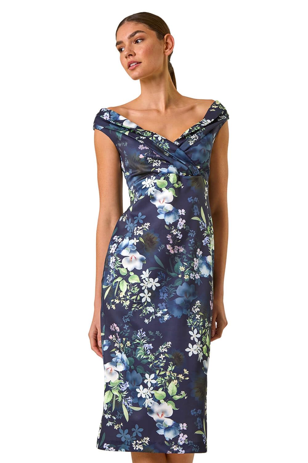 Roman Women's Navy Floral Print Bardot Stretch Midi Dress In | : Size 12