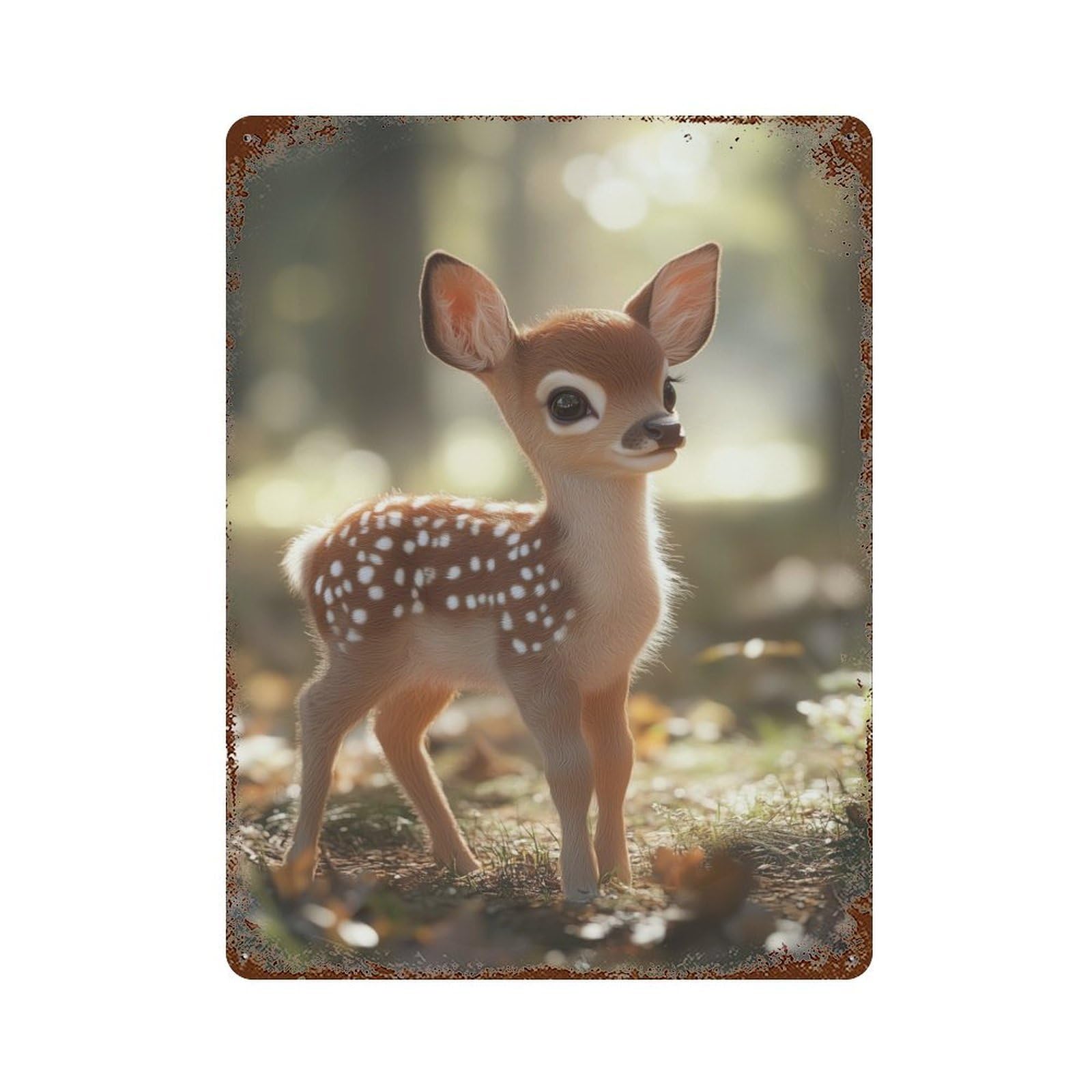 Baby Deer Fawn in Forest Rust Effect Tin Sign 15.7"x11.8", Novelty Wall Decor for Garage, Pub Or Kitchen