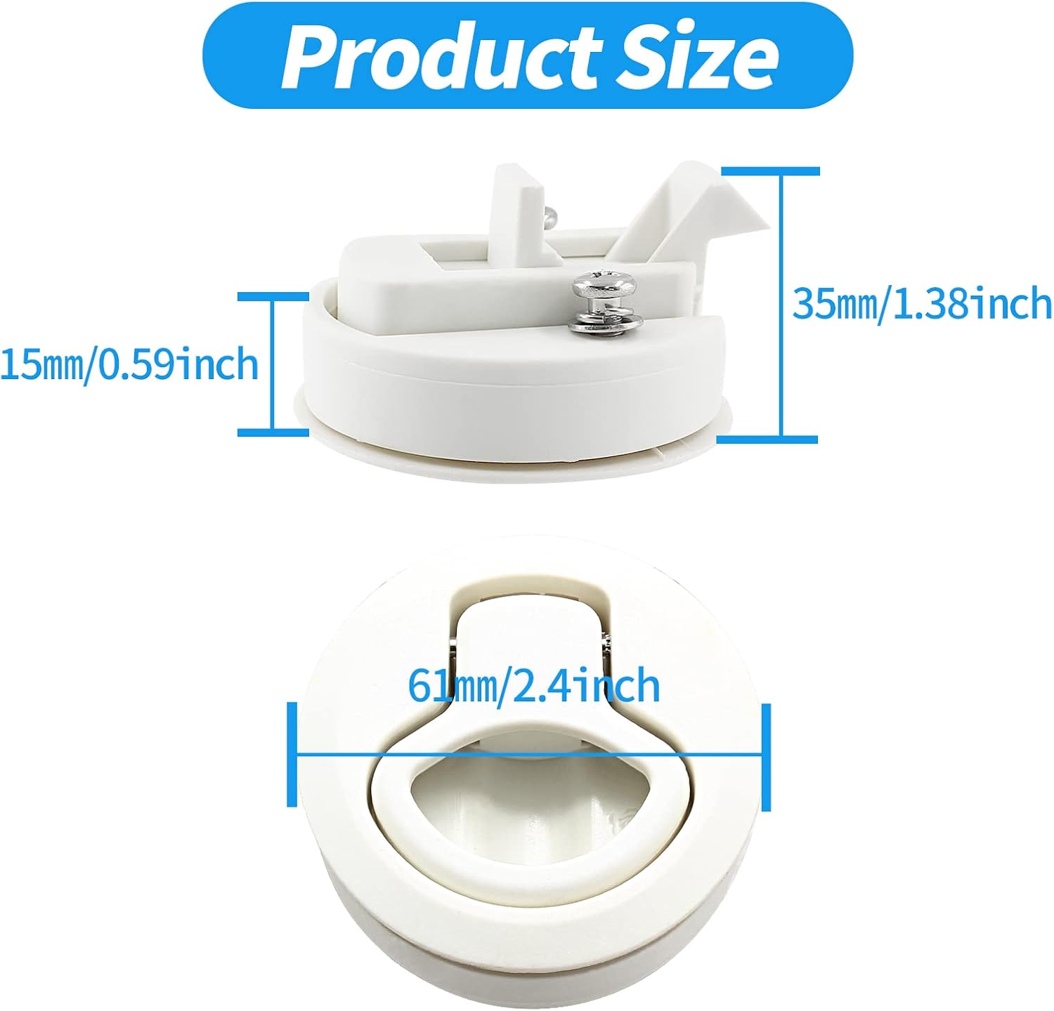 2 Pack 2 Inch Flush Pull Slam Latch, Plastic (White) | Pull Ring Opens Quick Push To Close, Lightweight Compact Fits 50mm Cutout, Hardware Included, for Boat Hatch Deck Door