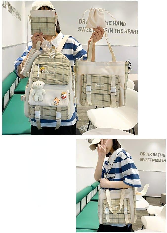 5Pcs Canvas Kawaii Backpack Combo Set with Cute Bear Pendant Pins Plaid Check Handle Shoulder Tote Daypack Bag Kit (Khaki) - Image 3