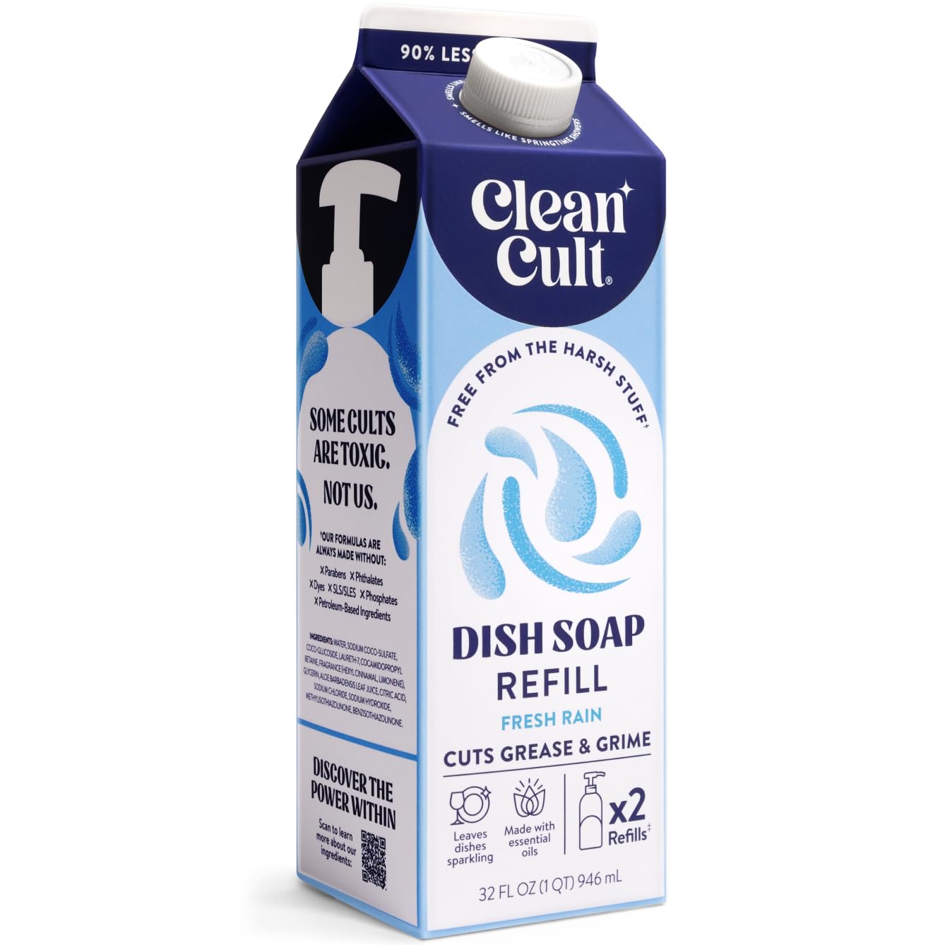 Cleancult Dish Soap Liquid Refill (32oz, 1 Pack) - Plant Based Cleaning Power - Dish Soap that Cuts Grease & Grime - Free of Harsh Chemicals - Uses 90% Less Plastic - Fresh Rain
