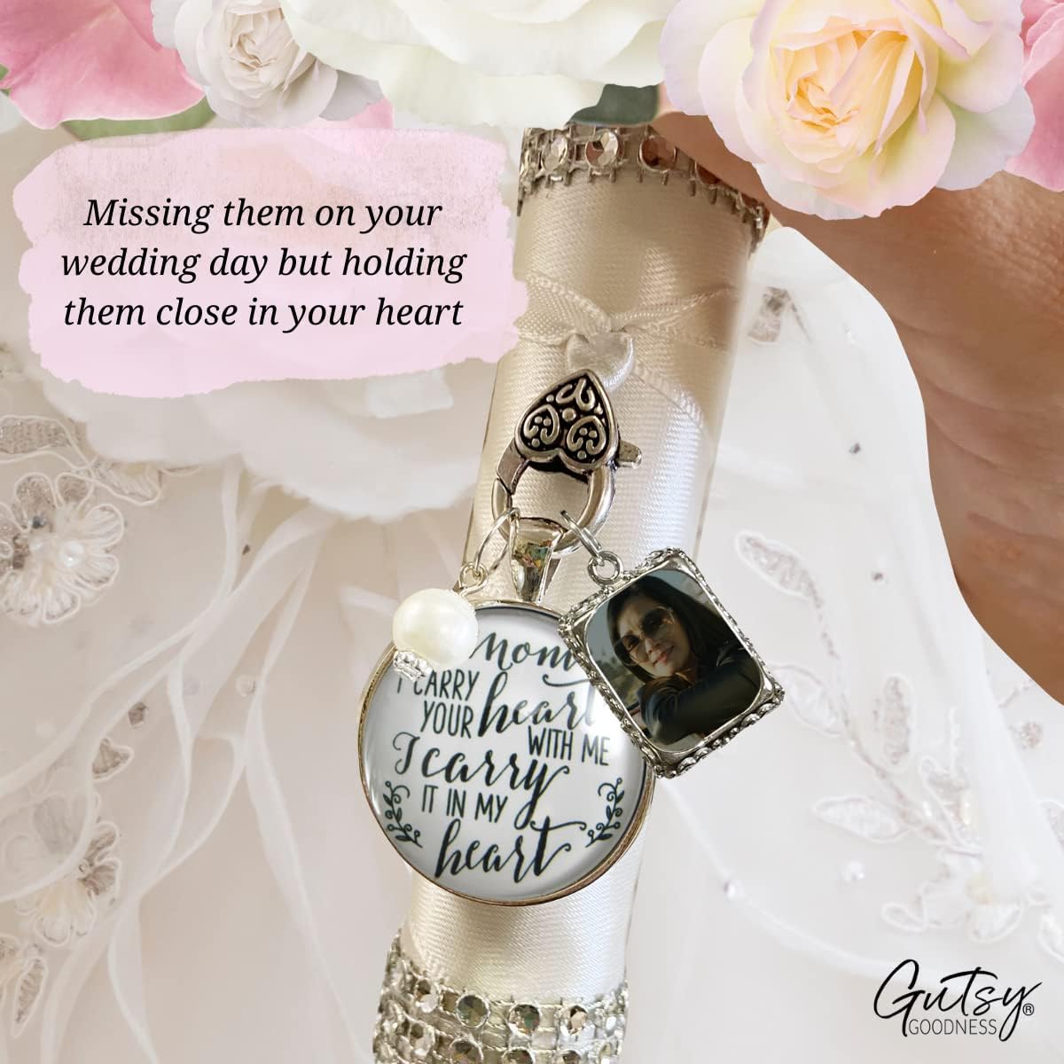 Gutsy Goodness Wedding Bouquet Charm Mom Memory Bride's Flowers Jewelry Vintage Silvertone Ribbon Glass Pendant Photo Frame DIY Picture Template